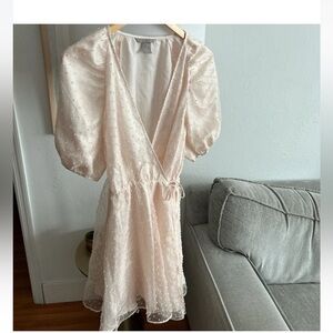 Pink Polka Dots Wrap Emerson Babydoll Coquette Puff Sleeves Mini Dress S